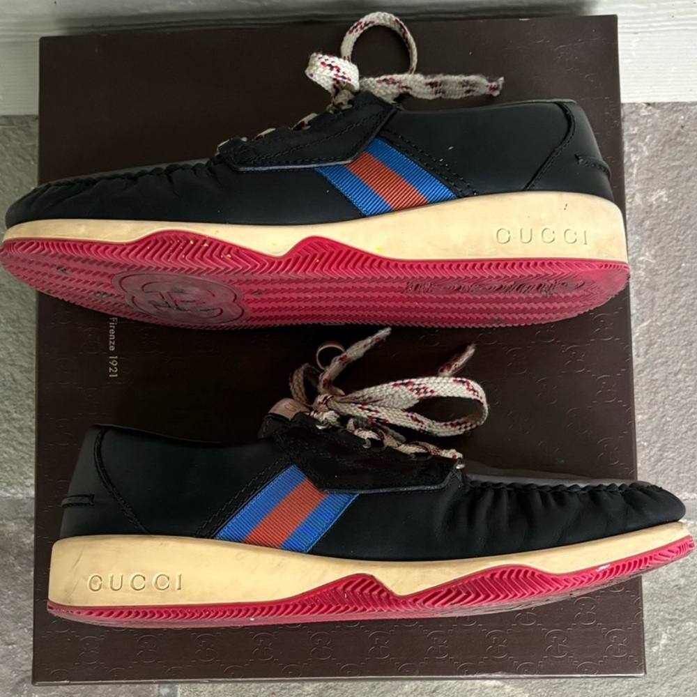 Gucci Leather Web Lace Up Low ‘Black’ Casual Sneakers - Picture 2 of 7